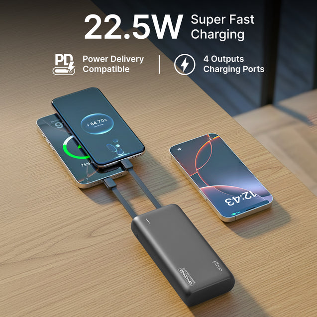 pTron 20000mAh Powerbank w/ 22.5W Fast Charging, USB & Type C Output, Built-in Type C & iOS Cables, Compatible w/Power Delivery, Quick Charge for iPhone, Android Mobile & Tablets, Dynamo Storm (Black)