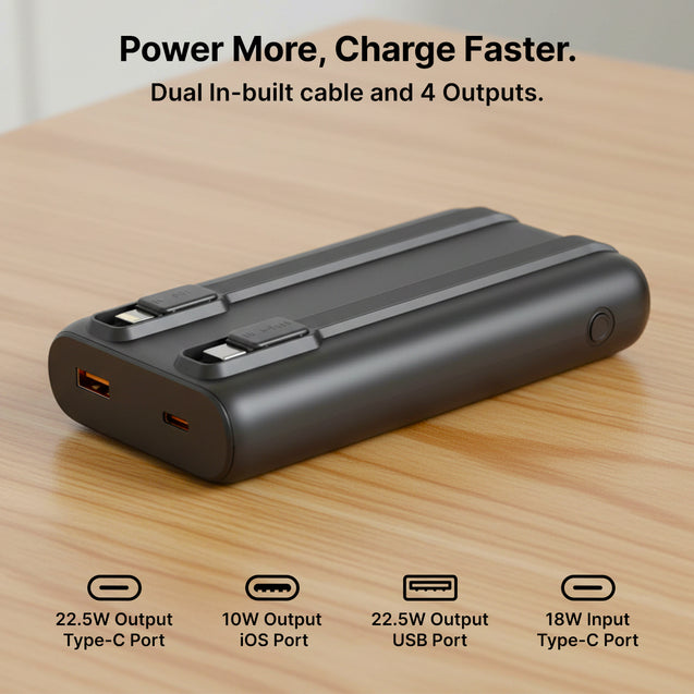 pTron 20000mAh Powerbank w/ 22.5W Fast Charging, USB & Type C Output, Built-in Type C & iOS Cables, Compatible w/Power Delivery, Quick Charge for iPhone, Android Mobile & Tablets, Dynamo Storm (Black)