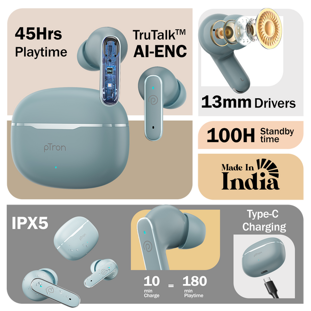 pTron Bassbuds Eon in-Ear TWS Earbuds w/ 13mm Drivers, 45Hrs Playtime, Dual HD Mic & TruTalk AI-ENC Calls, Custom EQ, Mobile App, Bluetooth v6.0 Headphones, Voice Assist., Type C Charging & IPX5 (Grey)