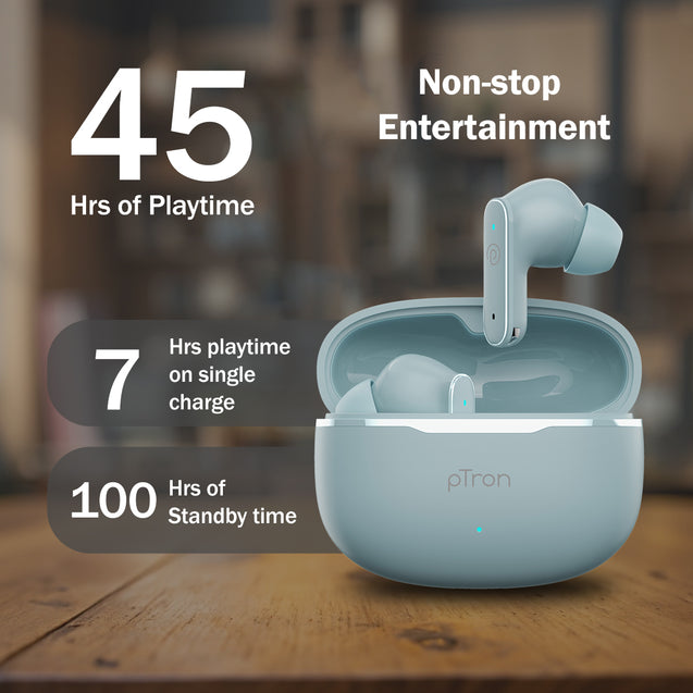 pTron Bassbuds Eon in-Ear TWS Earbuds w/ 13mm Drivers, 45Hrs Playtime, Dual HD Mic & TruTalk AI-ENC Calls, Custom EQ, Mobile App, Bluetooth v6.0 Headphones, Voice Assist., Type C Charging & IPX5 (Grey)