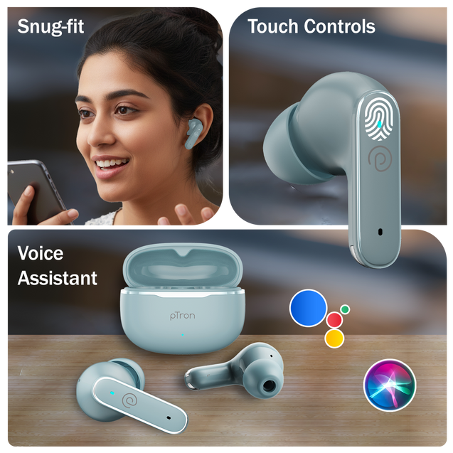 pTron Bassbuds Eon in-Ear TWS Earbuds w/ 13mm Drivers, 45Hrs Playtime, Dual HD Mic & TruTalk AI-ENC Calls, Custom EQ, Mobile App, Bluetooth v6.0 Headphones, Voice Assist., Type C Charging & IPX5 (Grey)