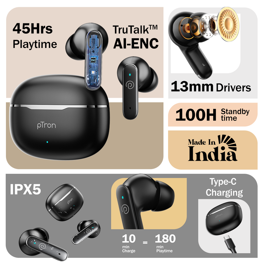 pTron Bassbuds Eon in-Ear TWS Earbuds w/ 13mm Drivers, 45Hrs Playtime ...
