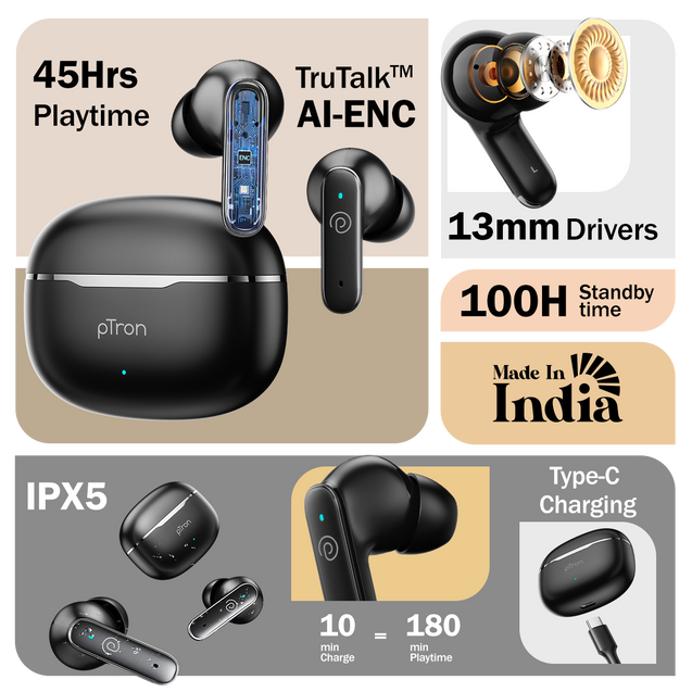 pTron Bassbuds Eon in-Ear TWS Earbuds w/ 13mm Drivers, 45Hrs Playtime, Dual HD Mic & TruTalk AI-ENC Calls, Custom EQ, Mobile App, Bluetooth v6.0 Headphones, Voice Assist., Type C Charging & IPX5 (Black)