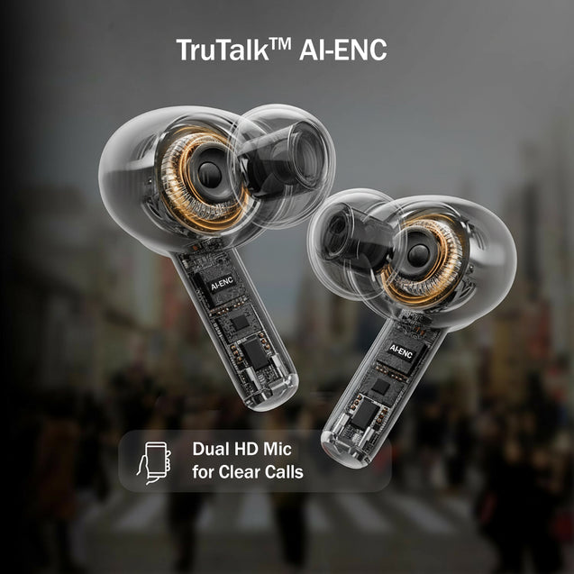 pTron Bassbuds Eon in-Ear TWS Earbuds w/ 13mm Drivers, 45Hrs Playtime, Dual HD Mic & TruTalk AI-ENC Calls, Custom EQ, Mobile App, Bluetooth v6.0 Headphones, Voice Assist., Type C Charging & IPX5 (Black)
