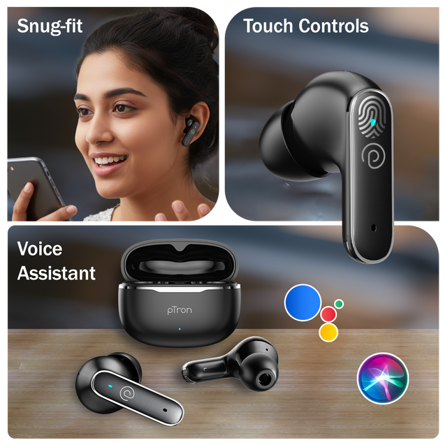 pTron Bassbuds Eon in-Ear TWS Earbuds w/ 13mm Drivers, 45Hrs Playtime, Dual HD Mic & TruTalk AI-ENC Calls, Custom EQ, Mobile App, Bluetooth v6.0 Headphones, Voice Assist., Type C Charging & IPX5 (Black)
