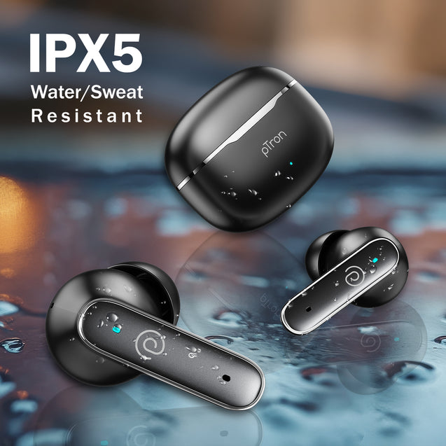 pTron Bassbuds Eon in-Ear TWS Earbuds w/ 13mm Drivers, 45Hrs Playtime, Dual HD Mic & TruTalk AI-ENC Calls, Custom EQ, Mobile App, Bluetooth v6.0 Headphones, Voice Assist., Type C Charging & IPX5 (Black)