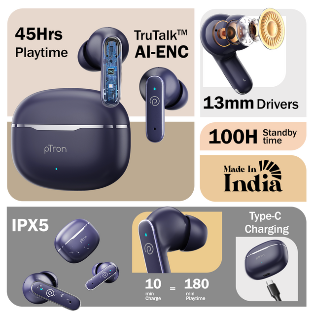 pTron Bassbuds Eon in-Ear TWS Earbuds w/ 13mm Drivers, 45Hrs Playtime, Dual HD Mic & TruTalk AI-ENC Calls, Custom EQ, Mobile App, Bluetooth v6.0 Headphones, Voice Assist., Type C Charging & IPX5 (Blue)