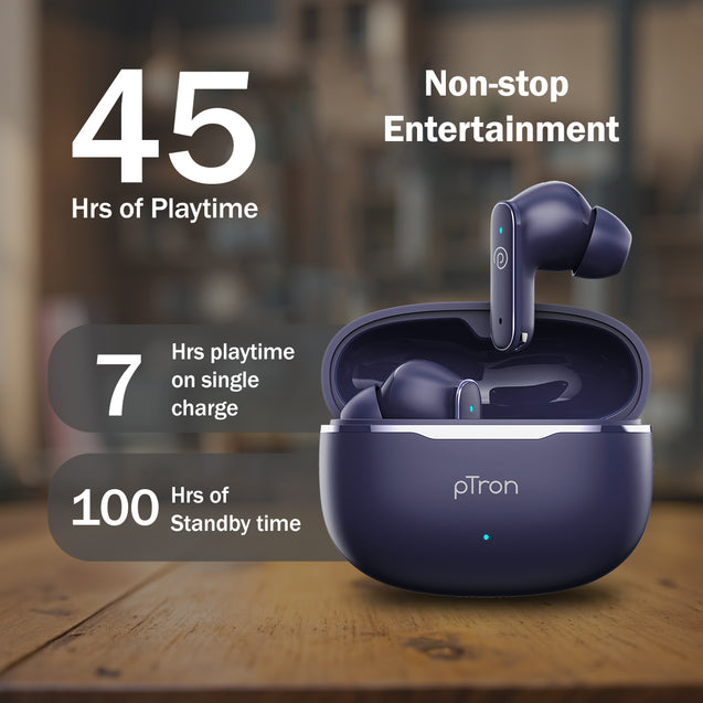 pTron Bassbuds Eon in-Ear TWS Earbuds w/ 13mm Drivers, 45Hrs Playtime, Dual HD Mic & TruTalk AI-ENC Calls, Custom EQ, Mobile App, Bluetooth v6.0 Headphones, Voice Assist., Type C Charging & IPX5 (Blue)