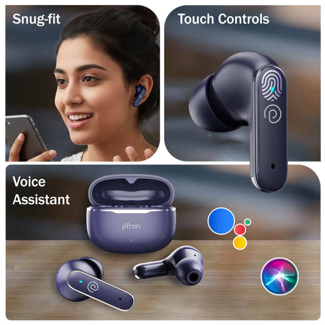 pTron Bassbuds Eon in-Ear TWS Earbuds w/ 13mm Drivers, 45Hrs Playtime, Dual HD Mic & TruTalk AI-ENC Calls, Custom EQ, Mobile App, Bluetooth v6.0 Headphones, Voice Assist., Type C Charging & IPX5 (Blue)