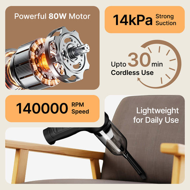 pTron NeoVac X1 14kPA Powerful Suction 80W Cordless Handheld Car/Home Vacuum Cleaner with Blower, HEPA Filter, High Torque DC Motor, Compact & Lightweight, Rechargeable, Multiple Attachments (Black)