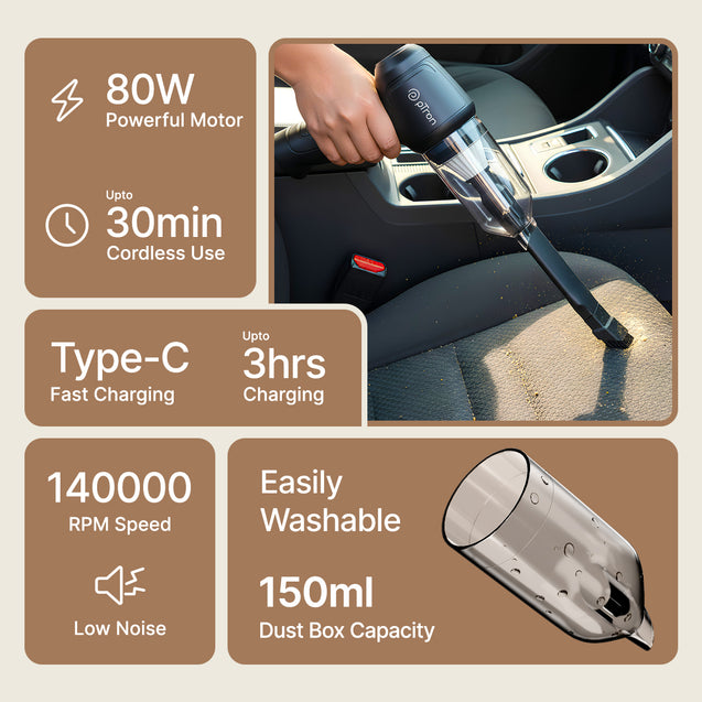 pTron NeoVac X1 14kPA Powerful Suction 80W Cordless Handheld Car/Home Vacuum Cleaner with Blower, HEPA Filter, High Torque DC Motor, Compact & Lightweight, Rechargeable, Multiple Attachments (Black)