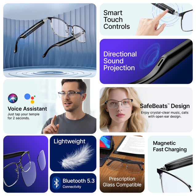 pTron Orbis Era Smart Glasses with Bluetooth V5.4, Open Ear Music, Handsfree Calls, Protects Eye from Blue Light Emitted from Digital Screens, 8Hrs Playtime, Connect with Phones/Tablets (Black)