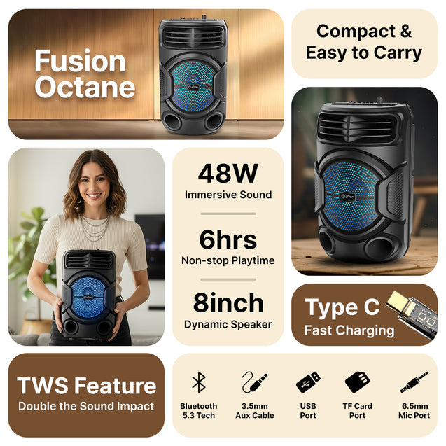 pTron Fusion Octane 48W Bluetooth Party Speaker w/Punchy Sound, 8 inch Neo Driver, Breathing RGB Lights, 6Hrs Playtime, BT5.3/Aux/TF Card/USB Playback Modes, Type-C Charging, Portable (Jade Black)