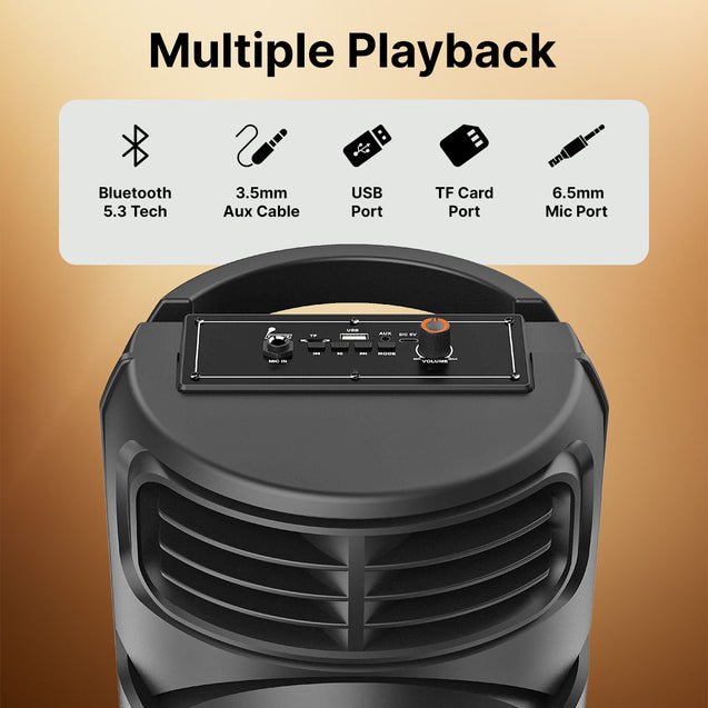 pTron Fusion Octane 48W Bluetooth Party Speaker w/Punchy Sound, 8 inch Neo Driver, Breathing RGB Lights, 6Hrs Playtime, BT5.3/Aux/TF Card/USB Playback Modes, Type-C Charging, Portable (Jade Black)