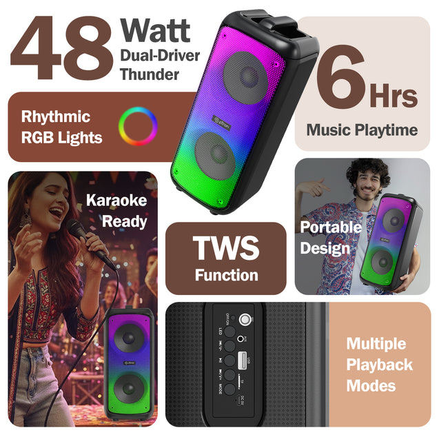 pTron Fusion Beats 48W Bluetooth Party Speaker w/Immersive Sound, Dual 4 inch Neo Drivers, Rhythmic RGB Lights, 6Hrs Playtime, BT5.3/Aux/TF Card/USB Playback Modes, Type-C Charging (Midnight Black)