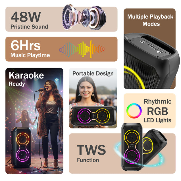 pTron Fusion ONE 48W Bluetooth Party Speaker w/Pristine Stereo Sound, Dual 4 inch Neo Drivers, Rhythmic RGB Lights, 6Hrs Playtime, BT5.3/Aux/TF Card/USB Playback Modes, Type-C Charging (Jet Black)