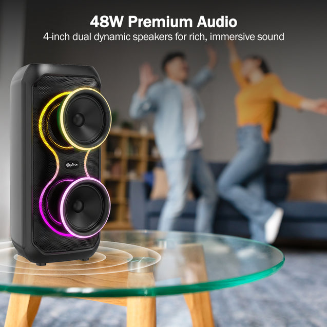 pTron Fusion ONE 48W Bluetooth Party Speaker w/Pristine Stereo Sound, Dual 4 inch Neo Drivers, Rhythmic RGB Lights, 6Hrs Playtime, BT5.3/Aux/TF Card/USB Playback Modes, Type-C Charging (Jet Black)