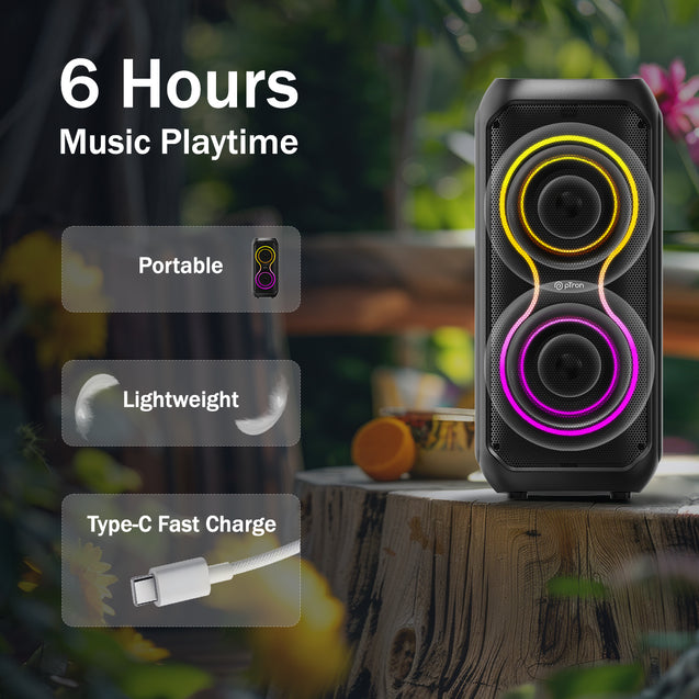 pTron Fusion ONE 48W Bluetooth Party Speaker w/Pristine Stereo Sound, Dual 4 inch Neo Drivers, Rhythmic RGB Lights, 6Hrs Playtime, BT5.3/Aux/TF Card/USB Playback Modes, Type-C Charging (Jet Black)