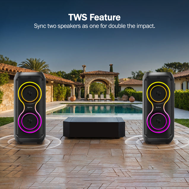 pTron Fusion ONE 48W Bluetooth Party Speaker w/Pristine Stereo Sound, Dual 4 inch Neo Drivers, Rhythmic RGB Lights, 6Hrs Playtime, BT5.3/Aux/TF Card/USB Playback Modes, Type-C Charging (Jet Black)