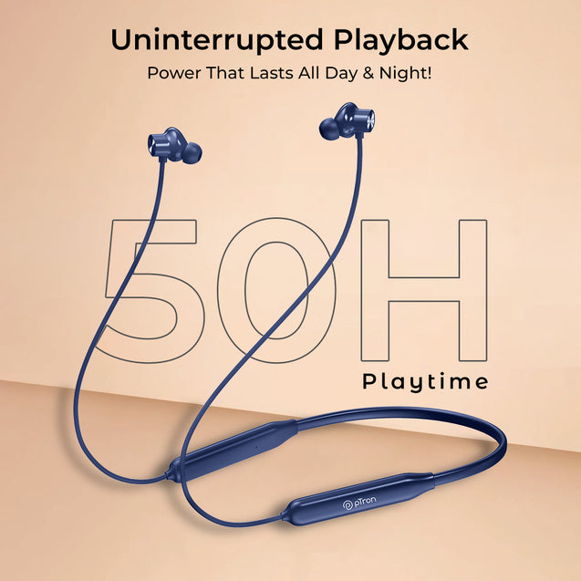 pTron Tangent Rush w/ 50Hrs Playtime, Pristine Sound, Dual-Device Pairing, Bluetooth 5.4 Wireless in-Ear Earphones with Mic, Voice Assistant, Type-C Fast Charging & IPX5 Water Resistant (Ink Blue)