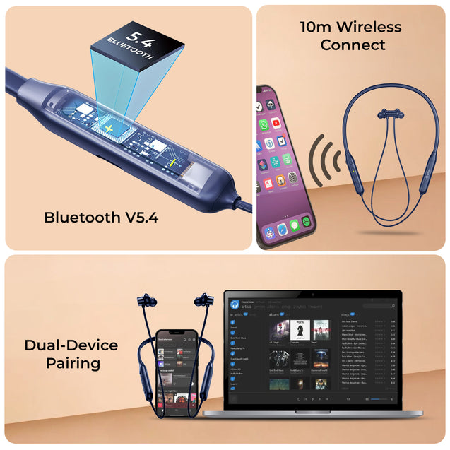 pTron Tangent Rush w/ 50Hrs Playtime, Pristine Sound, Dual-Device Pairing, Bluetooth 5.4 Wireless in-Ear Earphones with Mic, Voice Assistant, Type-C Fast Charging & IPX5 Water Resistant (Ink Blue)