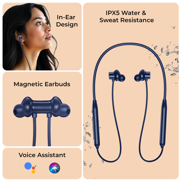 pTron Tangent Rush w/ 50Hrs Playtime, Pristine Sound, Dual-Device Pairing, Bluetooth 5.4 Wireless in-Ear Earphones with Mic, Voice Assistant, Type-C Fast Charging & IPX5 Water Resistant (Ink Blue)