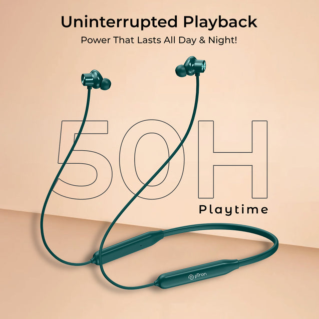 pTron Tangent Rush w/ 50Hrs Playtime, Pristine Sound, Dual-Device Pairing, Bluetooth 5.4 Wireless in-Ear Earphones with Mic, Voice Assistant, Type-C Fast Charging & IPX5 Water Resistant (Forest Green)