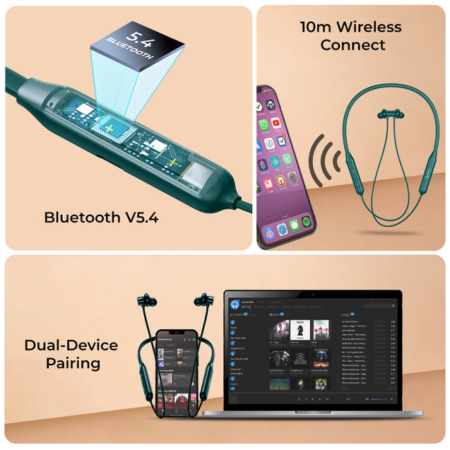 pTron Tangent Rush w/ 50Hrs Playtime, Pristine Sound, Dual-Device Pairing, Bluetooth 5.4 Wireless in-Ear Earphones with Mic, Voice Assistant, Type-C Fast Charging & IPX5 Water Resistant (Forest Green)