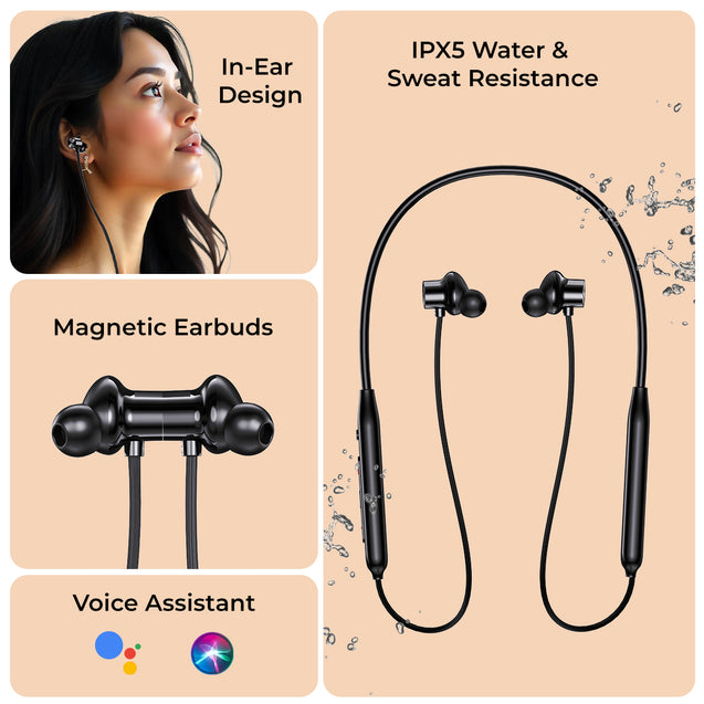pTron Tangent Rush w/ 50Hrs Playtime, Pristine Sound, Dual-Device Pairing, Bluetooth 5.4 Wireless in-Ear Earphones with Mic, Voice Assistant, Type-C Fast Charging & IPX5 Water Resistant (Jet Black)