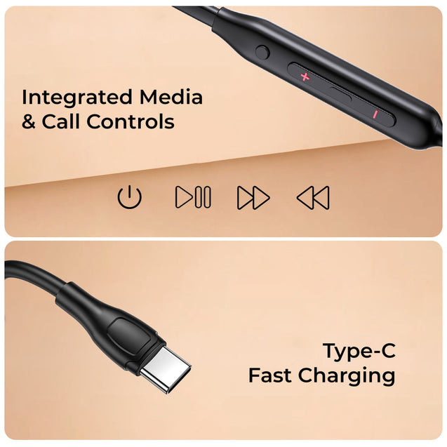 pTron Tangent Rush w/ 50Hrs Playtime, Pristine Sound, Dual-Device Pairing, Bluetooth 5.4 Wireless in-Ear Earphones with Mic, Voice Assistant, Type-C Fast Charging & IPX5 Water Resistant (Jet Black)