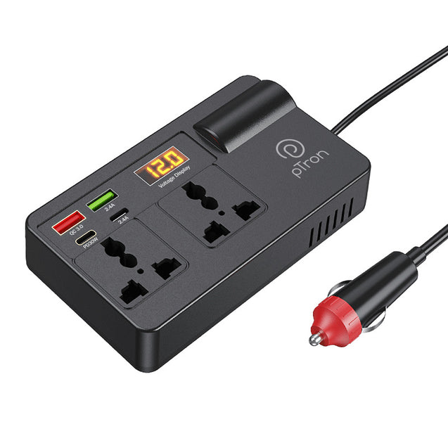 pTron PowerEdge 200W Car Laptop Charger/Car Power Inverter with 2 USB (3A & 2.4A) + 2 Type-C (30WPD & 2.4A), Smart USB Charging Ports, 12V/24V DC to 220V AC, 2X Universal AC Outlet (Black)