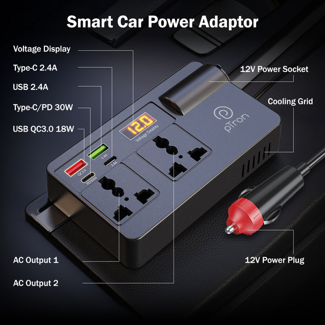 pTron PowerEdge 200W Car Laptop Charger/Car Power Inverter with 2 USB (3A & 2.4A) + 2 Type-C (30WPD & 2.4A), Smart USB Charging Ports, 12V/24V DC to 220V AC, 2X Universal AC Outlet (Black)
