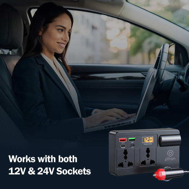 pTron PowerEdge 200W Car Laptop Charger/Car Power Inverter with 2 USB (3A & 2.4A) + 2 Type-C (30WPD & 2.4A), Smart USB Charging Ports, 12V/24V DC to 220V AC, 2X Universal AC Outlet (Black)