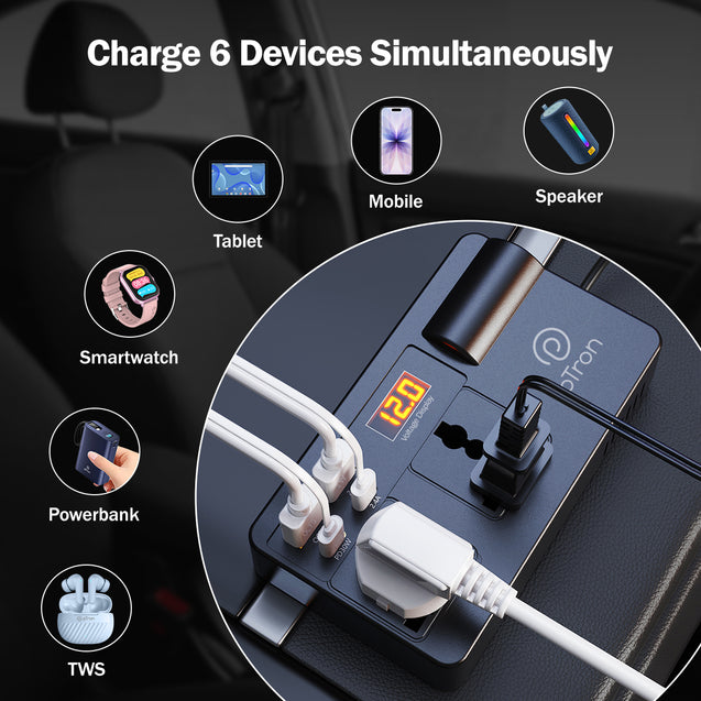 pTron PowerEdge 200W Car Laptop Charger/Car Power Inverter with 2 USB (3A & 2.4A) + 2 Type-C (30WPD & 2.4A), Smart USB Charging Ports, 12V/24V DC to 220V AC, 2X Universal AC Outlet (Black)