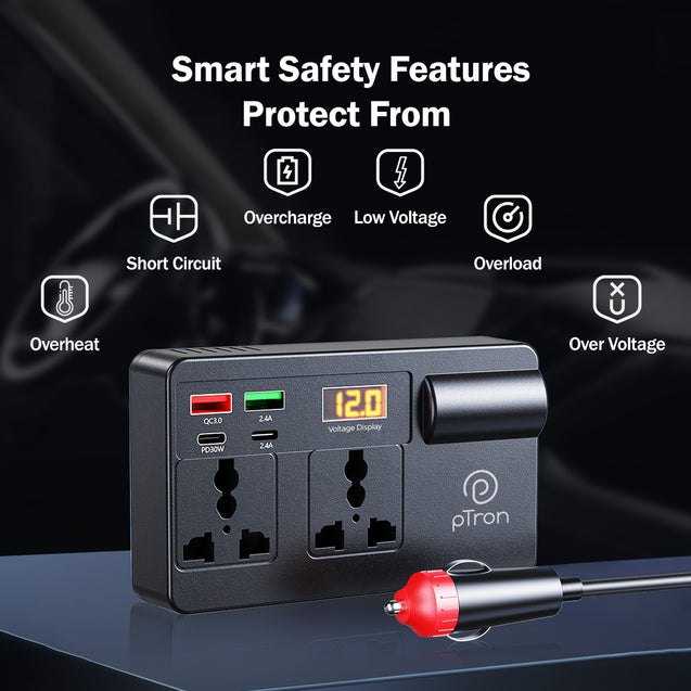 pTron PowerEdge 200W Car Laptop Charger/Car Power Inverter with 2 USB (3A & 2.4A) + 2 Type-C (30WPD & 2.4A), Smart USB Charging Ports, 12V/24V DC to 220V AC, 2X Universal AC Outlet (Black)