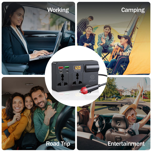 pTron PowerEdge 200W Car Laptop Charger/Car Power Inverter with 2 USB (3A & 2.4A) + 2 Type-C (30WPD & 2.4A), Smart USB Charging Ports, 12V/24V DC to 220V AC, 2X Universal AC Outlet (Black)