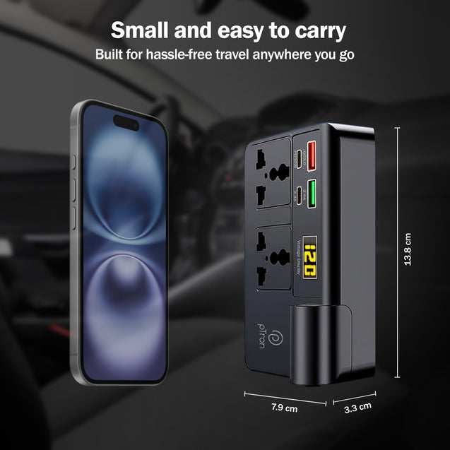 pTron PowerEdge 200W Car Laptop Charger/Car Power Inverter with 2 USB (3A & 2.4A) + 2 Type-C (30WPD & 2.4A), Smart USB Charging Ports, 12V/24V DC to 220V AC, 2X Universal AC Outlet (Black)