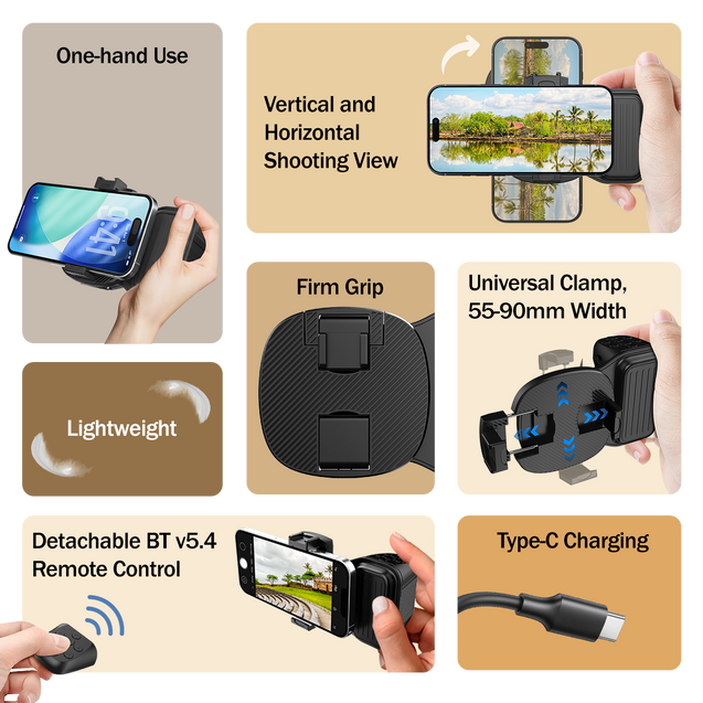 pTron MHR1 Phone Clip Camera Grip Handle w/Detachable BTv5.4 Remote Shutter, 55-90mm Clamping Range, Shoot Videos, Take Snaps, Stable & Firm Grip, Compatible with iOS & Android Devices (Black)