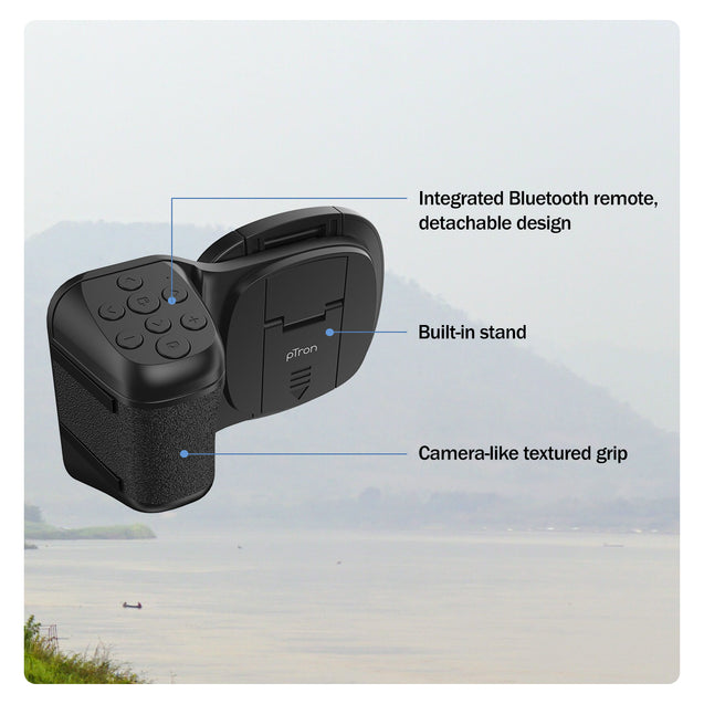 pTron MHR1 Phone Clip Camera Grip Handle w/Detachable BTv5.4 Remote Shutter, 55-90mm Clamping Range, Shoot Videos, Take Snaps, Stable & Firm Grip, Compatible with iOS & Android Devices (Black)