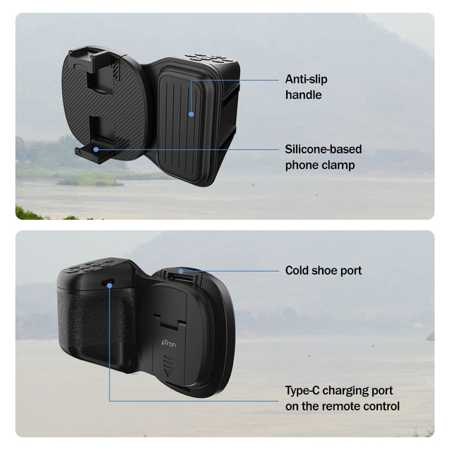 pTron MHR1 Phone Clip Camera Grip Handle w/Detachable BTv5.4 Remote Shutter, 55-90mm Clamping Range, Shoot Videos, Take Snaps, Stable & Firm Grip, Compatible with iOS & Android Devices (Black)