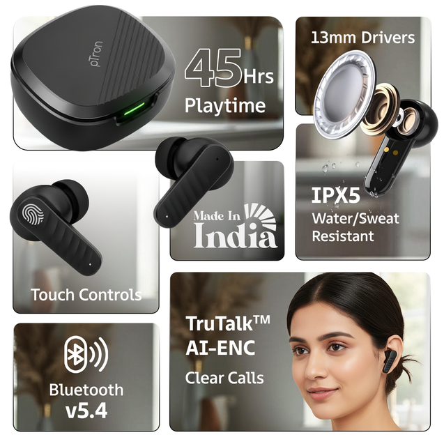 pTron Bassbuds NEO TWS Earbuds w/ 13mm Drivers, 45Hrs Playtime, Dual HD Mic & AI-ENC Calls, Custom EQ, Mobile App, Bluetooth V5.4 Earphones, Voice Assistant, Type C Fast Charging & IPX5 (Raven Black)