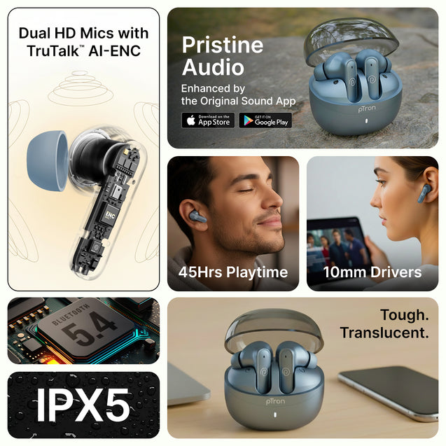 pTron Bassbuds Indie in-Ear TWS Earbuds w/ 10mm Drivers, 45Hrs Playtime, Dual HD Mic & AI-ENC Calls, Custom EQ, Mobile App, Bluetooth V5.4 Earphones, Voice Assistant, Type C Charging & IPX5 (Gray)