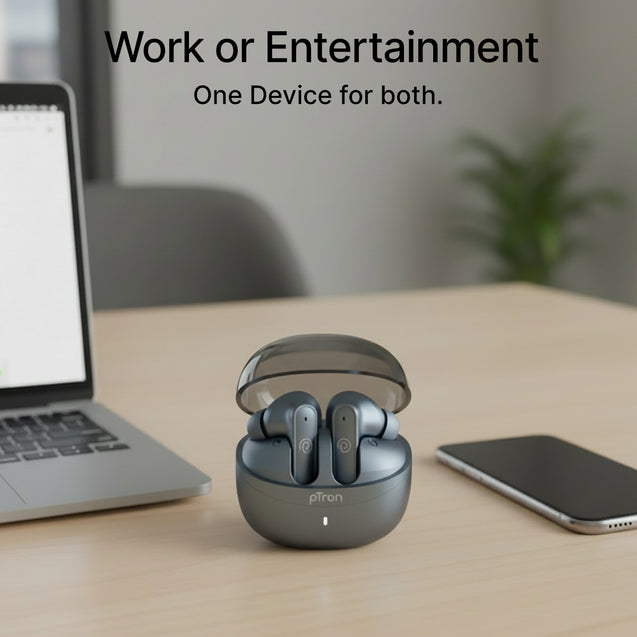 pTron Bassbuds Indie in-Ear TWS Earbuds w/ 10mm Drivers, 45Hrs Playtime, Dual HD Mic & AI-ENC Calls, Custom EQ, Mobile App, Bluetooth V5.4 Earphones, Voice Assistant, Type C Charging & IPX5 (Gray)