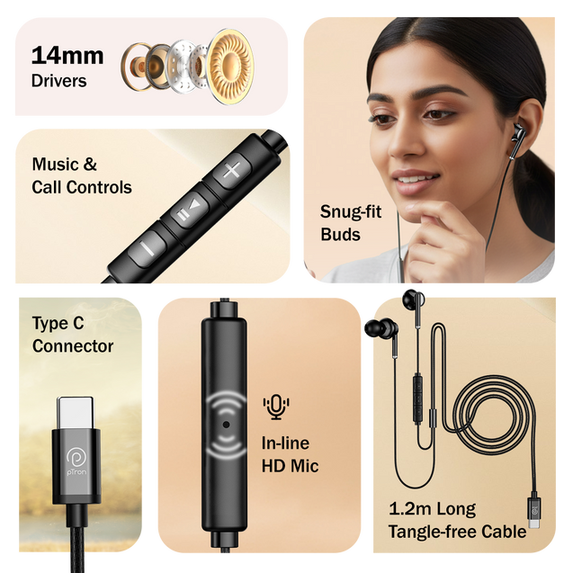 pTron Boom Play X6 in-Ear Type C Wired Earphones with Mic, 14mm Drivers for Pristine Sound, 1.2M Tangle-Free Cable, in-Line Controls, Snug-Fit & Wide Compatibility with C Type Devices (Black)