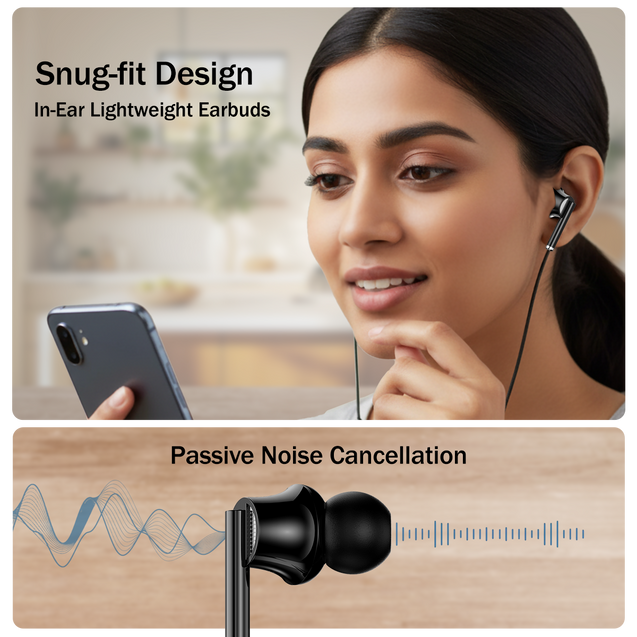pTron Boom Play X6 in-Ear Type C Wired Earphones with Mic, 14mm Drivers for Pristine Sound, 1.2M Tangle-Free Cable, in-Line Controls, Snug-Fit & Wide Compatibility with C Type Devices (Black)