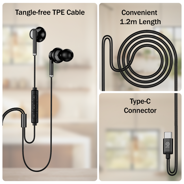 pTron Boom Play X6 in-Ear Type C Wired Earphones with Mic, 14mm Drivers for Pristine Sound, 1.2M Tangle-Free Cable, in-Line Controls, Snug-Fit & Wide Compatibility with C Type Devices (Black)