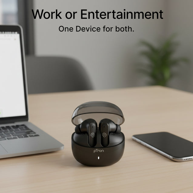 pTron Bassbuds Indie In-Ear TWS Earbuds w/ 10mm Drivers, 45Hrs Playtime, Dual HD Mic & AI-ENC Calls, Custom EQ, Mobile App, Bluetooth V5.4 Earphones, Voice Assistant, Type C Charging & IPX5 (Jet Black)