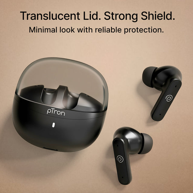 pTron Bassbuds Indie In-Ear TWS Earbuds w/ 10mm Drivers, 45Hrs Playtime, Dual HD Mic & AI-ENC Calls, Custom EQ, Mobile App, Bluetooth V5.4 Earphones, Voice Assistant, Type C Charging & IPX5 (Jet Black)