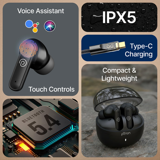 pTron Bassbuds Indie In-Ear TWS Earbuds w/ 10mm Drivers, 45Hrs Playtime, Dual HD Mic & AI-ENC Calls, Custom EQ, Mobile App, Bluetooth V5.4 Earphones, Voice Assistant, Type C Charging & IPX5 (Jet Black)