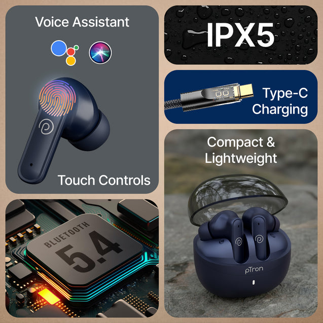 pTron Bassbuds Indie in-Ear TWS Earbuds w/ 10mm Drivers, 45Hrs Playtime, Dual HD Mic & AI-ENC Calls, Custom EQ, Mobile App, Bluetooth V5.4 Earphones, Voice Assistant, Type C Charging & IPX5 (Blue)